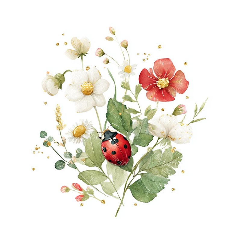 16 Floral Ladybug Clipart, Cute Lady Bug, Spring Art, Printable Watercolor, High-Quality JPGs, Paper Craft, Junk Journal, Digital Download