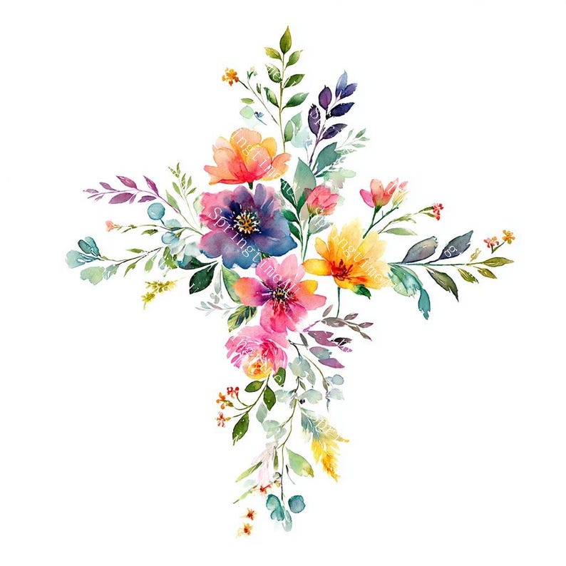 20 Floral Cross Clipart, Christian Cross Clipart, Religious Easter Cross, Printable Watercolor, High-Quality JPGs, Paper Craft, Junk Journal