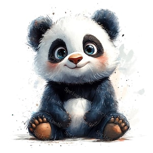 May include: A watercolor illustration of a cute panda bear cub. The panda has black and white fur, rosy cheeks, and big blue eyes. It is sitting down with its paws in front, and has a small smile. The background is white with some watercolor splatters.