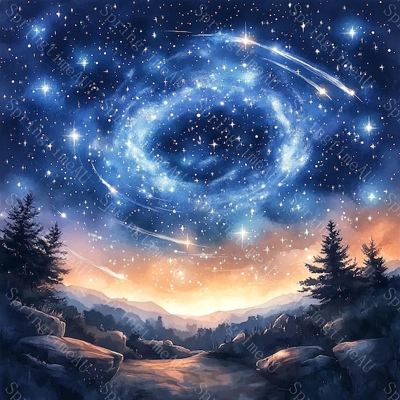 18 星空のクリップアート、夜空、夜の風景、印刷可能な水彩画、高品質