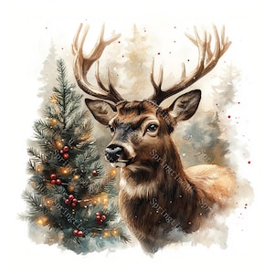 20 Christmas Deer Clipart, Reindeer, Christmas Tree, Elk, Christmas Card, Printable Watercolor, High-Quality JPGs, Paper Craft, Junk Journal