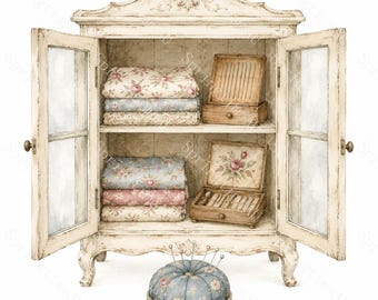 16 Shabby Chic Haberdashery Apothecary Clipart, Watercolor JPG, Vintage Sewing Cabinet, Craft Journal, Scrapbooking, Digital Download