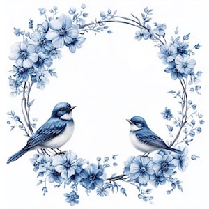 Peut inclure: Illustration à l'aquarelle de deux oiseaux bleus perchés sur une couronne florale. La couronne est composée de fleurs bleues et de tiges vertes. Les oiseaux ont des plumes bleues et blanches. Le fond est blanc.