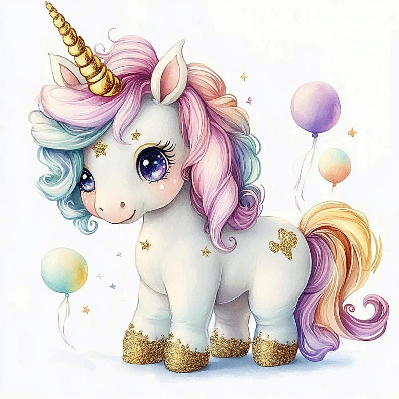 Pu&ograve; includere: Un'illustrazione fantasiosa di un unicorno con una criniera e una coda arcobaleno. L'unicorno ha un corno dorato e grandi occhi espressivi. Lo sfondo presenta palloncini dai colori pastello.