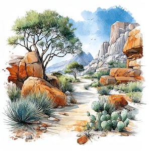 20 Watercolor Desert Clipart, Desert Landscape, Desert Mountain And Cactus, Printable Watercolor, High-Quality JPGs,Paper Craft,Junk Journal