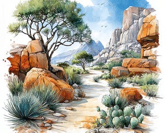 20 Watercolor Desert Clipart, Desert Landscape, Desert Mountain And Cactus, Printable Watercolor, High-Quality JPGs,Paper Craft,Junk Journal