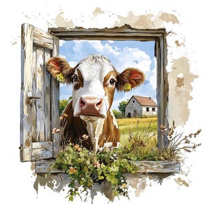 20 Imágenes prediseñadas de ventana acogedora con animales lejanos, cabaña de granja, acuarela imprimible, JPG de alta calidad, manualidades de papel, diario basura, descarga digital