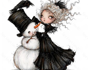 20 Gothic Snowman Girl Dancing Clipart, Dark Whimsical Watercolor JPG, Spooky Christmas Sublimation, Alt Xmas Decor, Digital Download