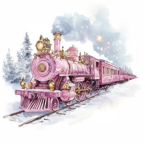 20 Princess Train Clipart, Vintage Steam Train, Pink Steam Locomotive, Printable Watercolor, High-Quality JPGs, Paper Craft, Junk Journal