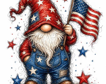 16 Patriotic Gnome Clipart, Hand Drawn Watercolor JPG, 4th of July Sublimation Clipart, Whimsical Gnome Digital Download Art, Commercial Use