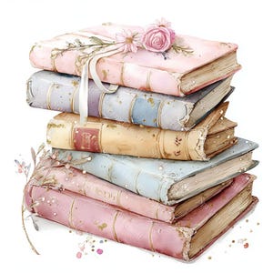 20 imágenes prediseñadas de libros en tonos pastel shabby chic, imágenes prediseñadas de flores de libros, amantes de los libros, acuarela imprimible, archivos JPG de alta calidad, manualidades de papel, diario basura
