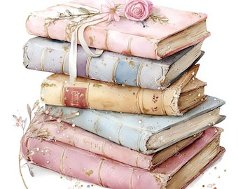 20 Pastel Shabby Chic Books Clipart, Book Flowers Clipart, Book Lover, Printable Watercolor, High-Quality JPGs, Paper Craft, Junk Journal