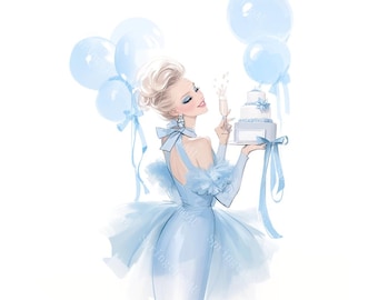 20 Birthday Party Girl Clipart, Birthday Cake, Blue Elegant Girl, Printable Watercolor, High-Quality JPGs, Paper Craft, Junk Journal