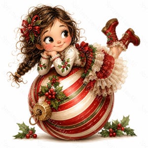 May include: A cartoon illustration of a child with brown curly hair wearing a cream-coloured top with holly patterns, a red skirt with lace trim, and red boots, resting on a large red and white striped Christmas ornament decorated with holly.