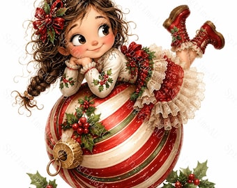 16 Funny Christmas Ornament Girl Clipart, Cute Big Eye Watercolor JPG, Red Bauble Holiday Sublimation, Planner Stickers, Digital Download