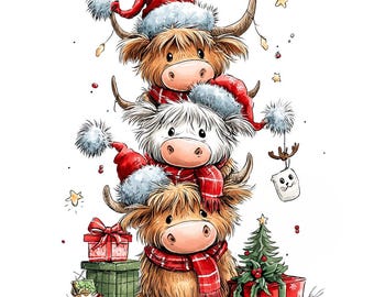 18 Christmas Highland Cows Clipart, Cute Farm Animal, Holiday Crafts, Printable Watercolor, High-Quality PNG/JPGs, Paper Craft, Junk Journal