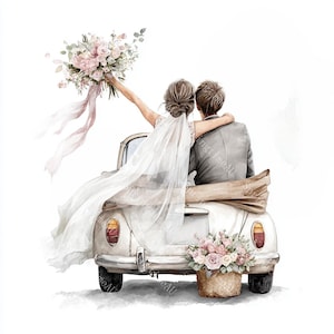 Puede incluir: Ilustración en acuarela de una pareja en un coche descapotable blanco, celebrando. La novia sostiene un ramo de flores rosas con cintas. Una cesta de flores rosas está en la parte trasera. La pareja se abraza, el velo de la novia ondea.