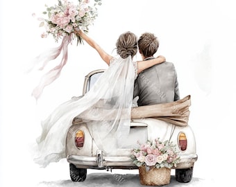 May include: Watercolor illustration of a couple in a white convertible car, celebrating. The bride holds a bouquet of pink flowers with flowing ribbons. A basket of pink flowers sits in the back. The couple is embracing, with the bride's veil flowing.