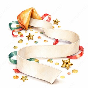 May include: A golden-brown fortune cookie with a long, blank white paper strip unfurling from its center. The scene is decorated with red and green ribbons, scattered gold star-shaped ornaments, and small circular confetti pieces.