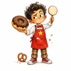 May include: A cartoon illustration of a curly-haired child wearing a red apron with a yellow star, a white shirt, a red bow tie, and plaid trousers. The child holds a chocolate frosted doughnut with sprinkles and a round wooden paddle, with a pretzel nearby.