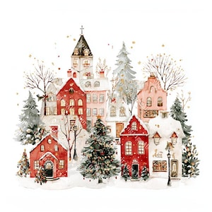 20 Christmas Village Clipart, Christmas Card Art, Printable Watercolor, High-Quality JPGs, Paper Craft, Junk Journal, Digital Download