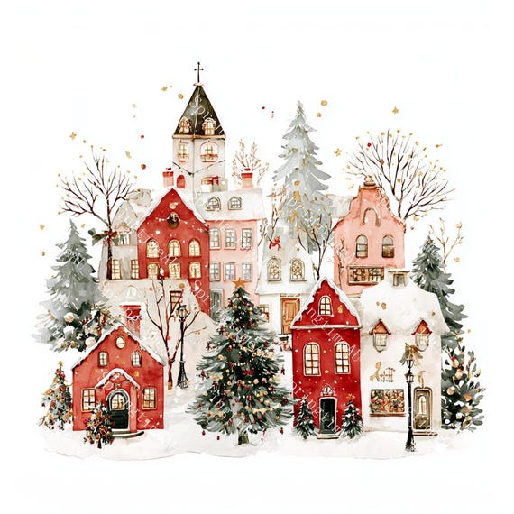 20 Christmas Village Clipart, Christmas Card Art, Printable Watercolor, High-Quality PNG/JPGs, Paper Craft, Junk Journal, Digital Download