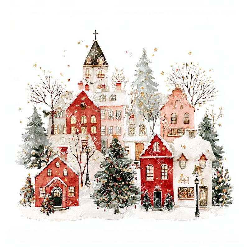 20 Christmas Village Clipart, Christmas Card Art, Printable Watercolor, High-Quality JPGs, Paper Craft, Junk Journal, Digital Download