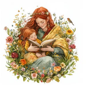 18 お母さんが絵本を読んでいるクリップアート、母の日のクリップアート、母と子、印刷可能な水彩画、高品質 JPG、ペーパークラフト、ジャンクジャーナル
