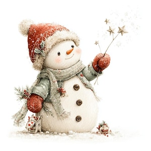 18 Whimsical Snowman Clipart, Christmas Snowman, Festive Holiday, Printable Watercolor, High-Quality JPGs, Paper Craft, Junk Journal