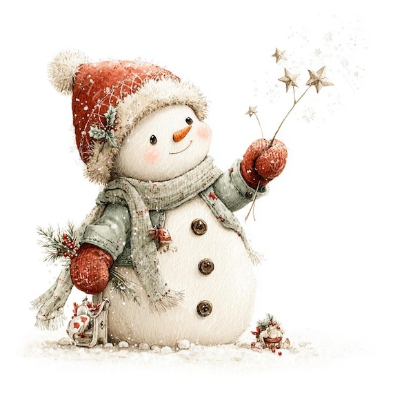 18 Whimsical Snowman Clipart, Christmas Snowman, Festive Holiday, Printable Watercolor, High-Quality JPGs, Paper Craft, Junk Journal