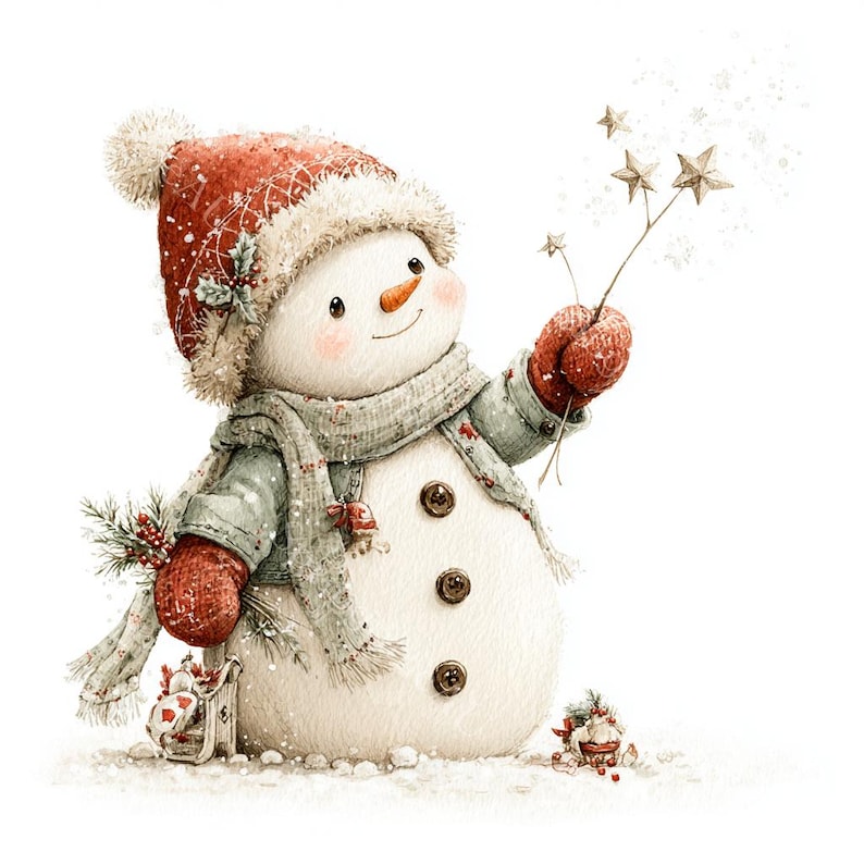 18 Whimsical Snowman Clipart, Christmas Snowman, Festive Holiday, Printable Watercolor, High-Quality JPGs, Paper Craft, Junk Journal