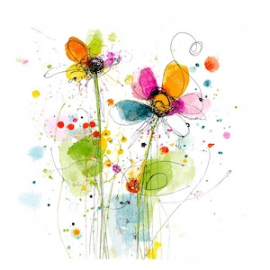 Può includere: Stampa artistica floreale astratta con due grandi fiori con petali colorati in arancione, rosa, blu e bianco. I fiori hanno dettagli di linea nera e sono ambientati su uno sfondo bianco con schizzi di vernice colorati.