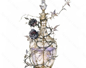 16 Witchcraft Potion Bottle Clipart, Gothic Watercolor JPG, Apothecary Sublimation, Black Rose Witchy Decor, Digital Download