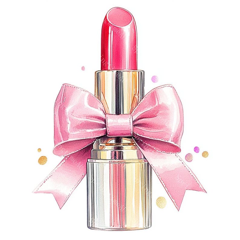 20 Pink Lipstick with Bow Clipart, Makeup Clipart, Feminine Cosmetics, Printable Watercolor, High-Quality JPGs, Paper Craft, Junk Journal