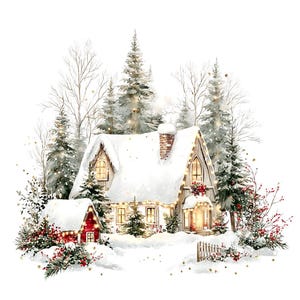18 graziose clipart di villaggi natalizi, Natale nel bosco, biglietti di Natale, acquerelli stampabili, JPG di alta qualità, creazioni di carta, diario di scarto