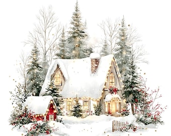 18 Cute Christmas Village Clipart, Woodland Christmas, Christmas Card Art, Printable Watercolor, High-Quality JPGs, Papercraft, Junk Journal