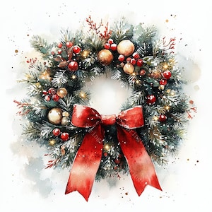 14 Christmas Wreath Clipart, Mistletoe wreath, Wreath of holly, Printable Watercolor, High-Quality JPGs, Paper Craft, Junk Journal
