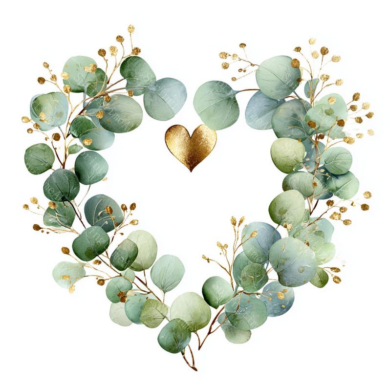 18 Greenery Heart Wreath Clipart, Eucalyptus Frame, Floral heart, Printable Watercolor, High-Quality JPGs, Papercraft, Junk Journal