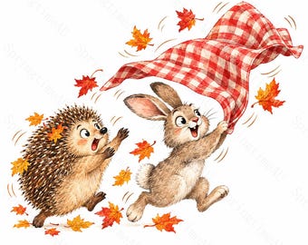 16 Woodland Friendsgiving Animal Clipart, Cozy Autumn Watercolor JPG, Funny Thanksgiving Feast, Fall Sublimation, Digital Download