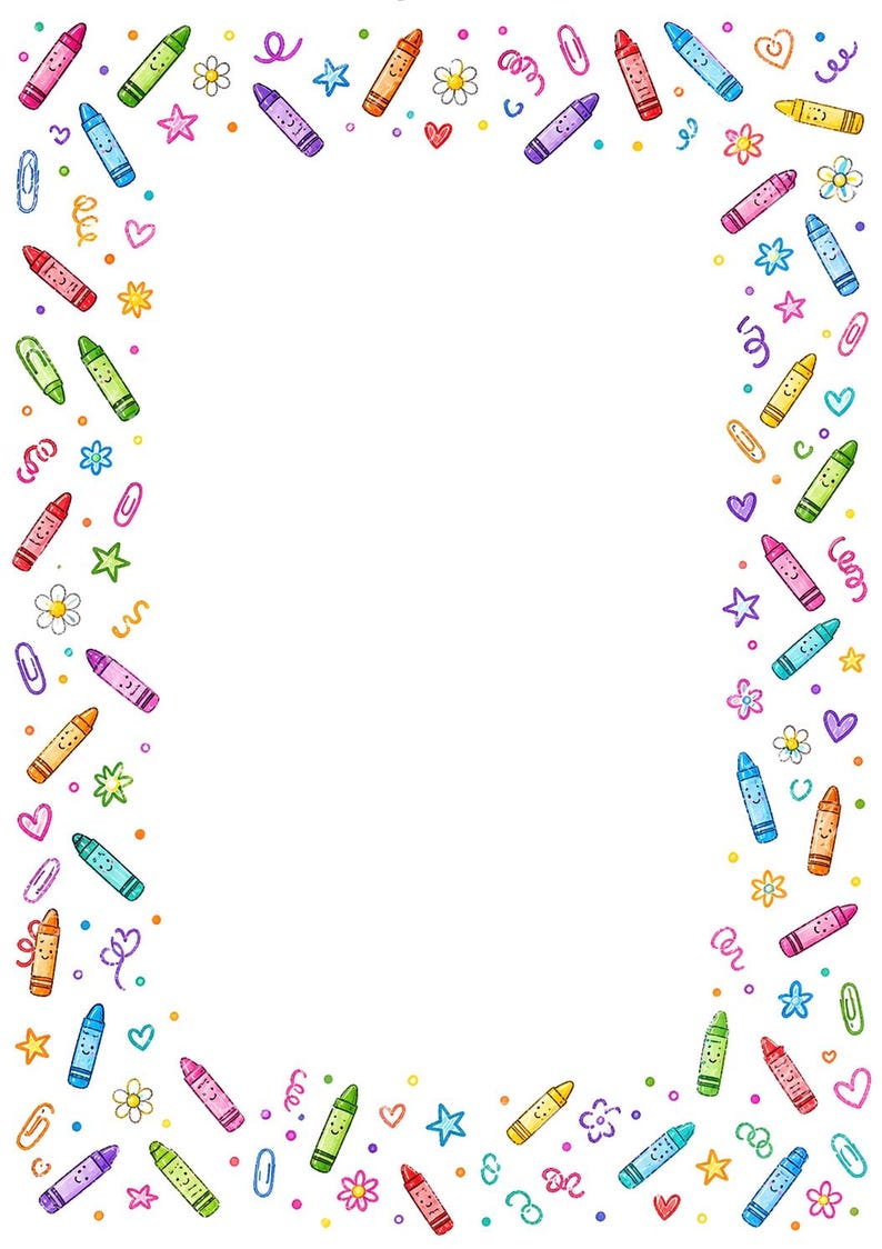 16 Crayon Border Clipart, Printable Classroom Paper JPG, Back To School,  A4 Page, Teacher Worksheet Frames, School Digital Download Kit