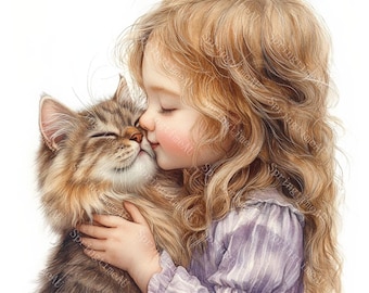 20 imágenes prediseñadas de una chica con un gato, regalo para amantes de los gatos, linda niña, acuarela imprimible, archivos JPG de alta calidad, manualidades de papel, diario basura