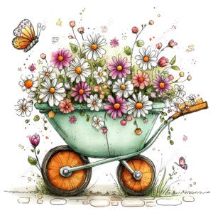 May include: Watercolor illustration of a light green wheelbarrow filled with daisies and other flowers in shades of white, pink, and orange. Two orange butterflies and a few sprigs of grass are also included in the image.