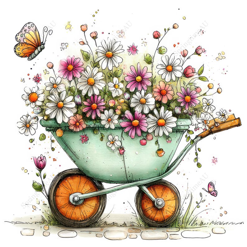 May include: Watercolor illustration of a light green wheelbarrow filled with daisies and other flowers in shades of white, pink, and orange. Two orange butterflies and a few sprigs of grass are also included in the image.