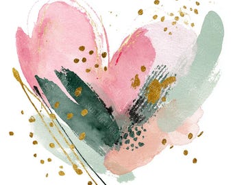 May include: Watercolor painting of a heart shape with pink, green, and gold brushstrokes. The design includes gold flecks and lines, with the text "Springtime Art" visible in the design. The artwork is on a white background.
