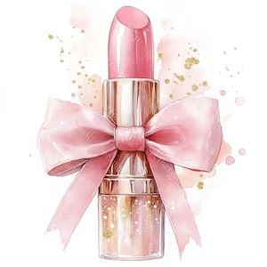 20 Pink Lipstick with Bow Clipart, Makeup Clipart, Feminine Cosmetics, Printable Watercolor, High-Quality JPGs, Paper Craft, Junk Journal