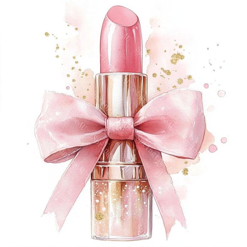 20 Pink Lipstick with Bow Clipart, Makeup Clipart, Feminine Cosmetics, Printable Watercolor, High-Quality JPGs, Paper Craft, Junk Journal