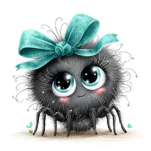 Puede incluir: Una linda araña de dibujos animados con un cuerpo gris y esponjoso y grandes ojos azules expresivos. Lleva un lazo color turquesa y tiene mejillas rosadas. La araña tiene ocho patas negras y está sobre un fondo blanco con pequeños detalles de mariposas.