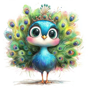 16 Cute Peacock Clipart, Baby Peacock, Cute Cartoon Bird, Printable Watercolor, High-Quality JPGs, PaperCraft, Junk Journal,Digital Download
