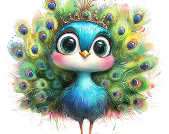 16 imágenes prediseñadas de pavo real, pavo real bebé, pájaro de dibujos animados, acuarela imprimible, archivos JPG de alta calidad, PaperCraft, diario basura, descarga digital