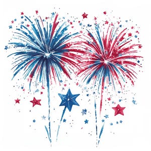 Op de afbeelding: Waterverfillustratie van vuurwerk in rood en blauw, met steraccenten. Het ontwerp toont twee grote vuurwerkexplosies, met kleinere sterren verspreid. Het kleurenpalet is patriottisch, perfect voor feestdagen.